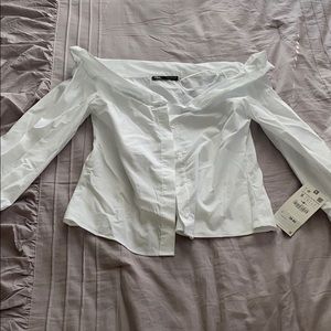 White off the shoulder button up blouse